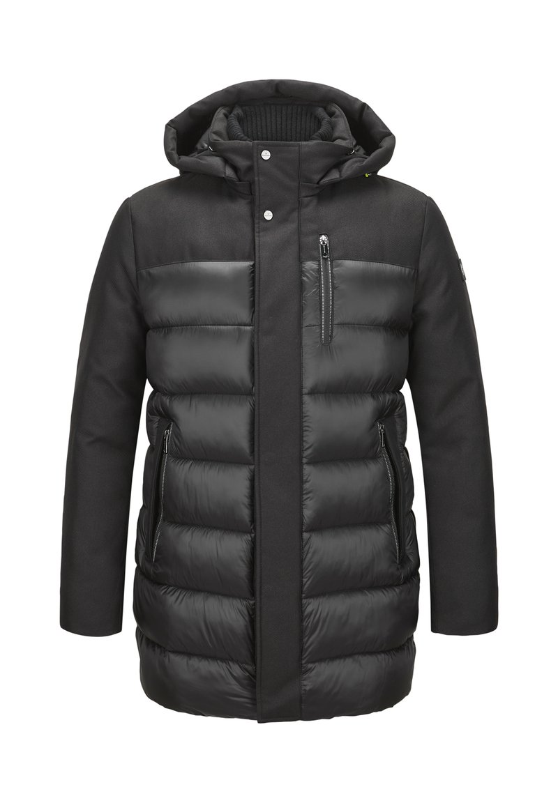 Schwarze Steppjacke mit einer Reißverschlusstasche auf der Brust, glattem Stoff oben und gesteppter Textur unten. Mit Kapuze und Druckknopfverschluss.