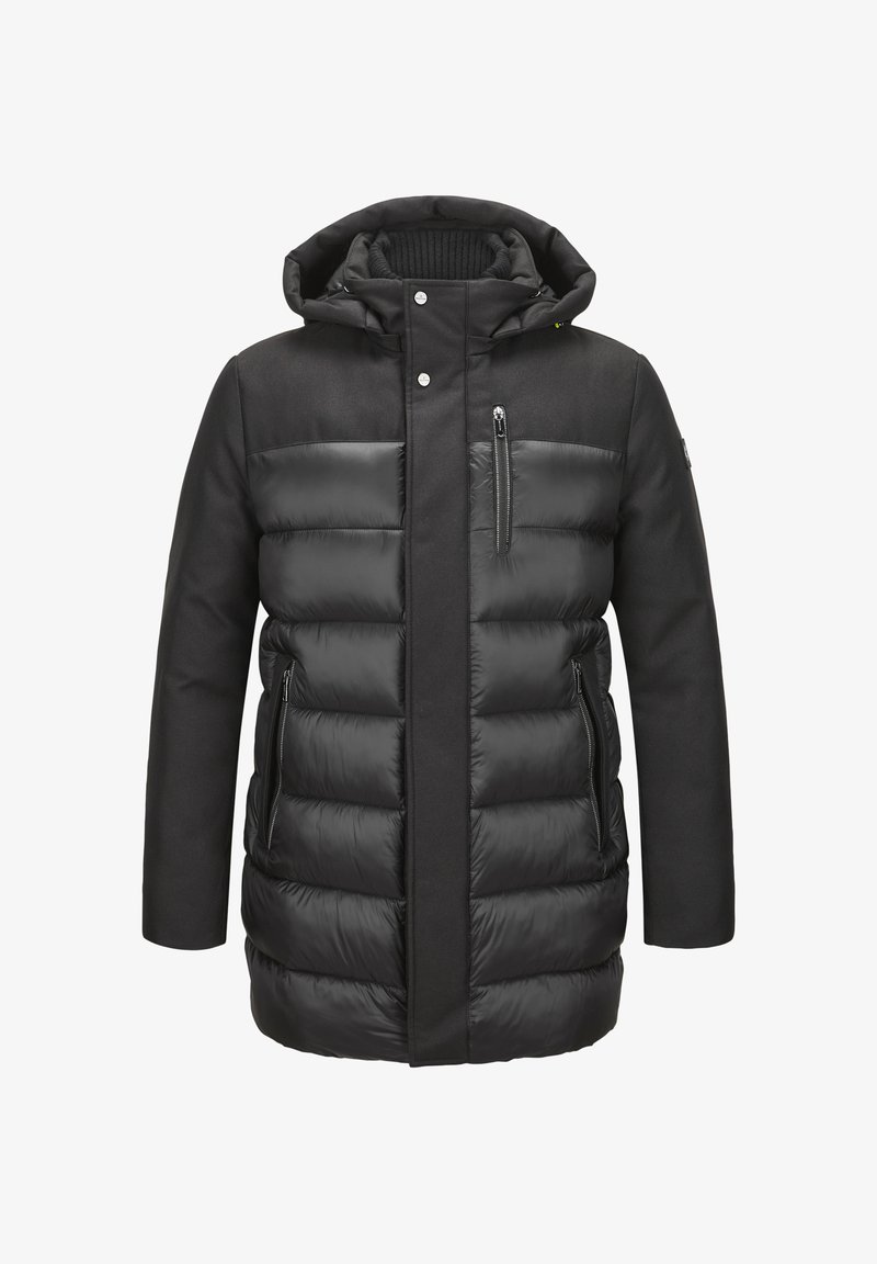 Schwarze Steppjacke mit einer Reißverschlusstasche auf der Brust, glattem Stoff oben und gesteppter Textur unten. Mit Kapuze und Druckknopfverschluss.