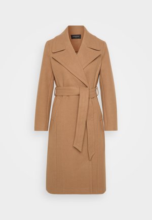 Tevebarna gyapjú kabát övvel a derékon, kivágott gallérral, hosszú ujjakkal és oldalzsebekkel, egyenes szabással a kifinomult megjelenésért.