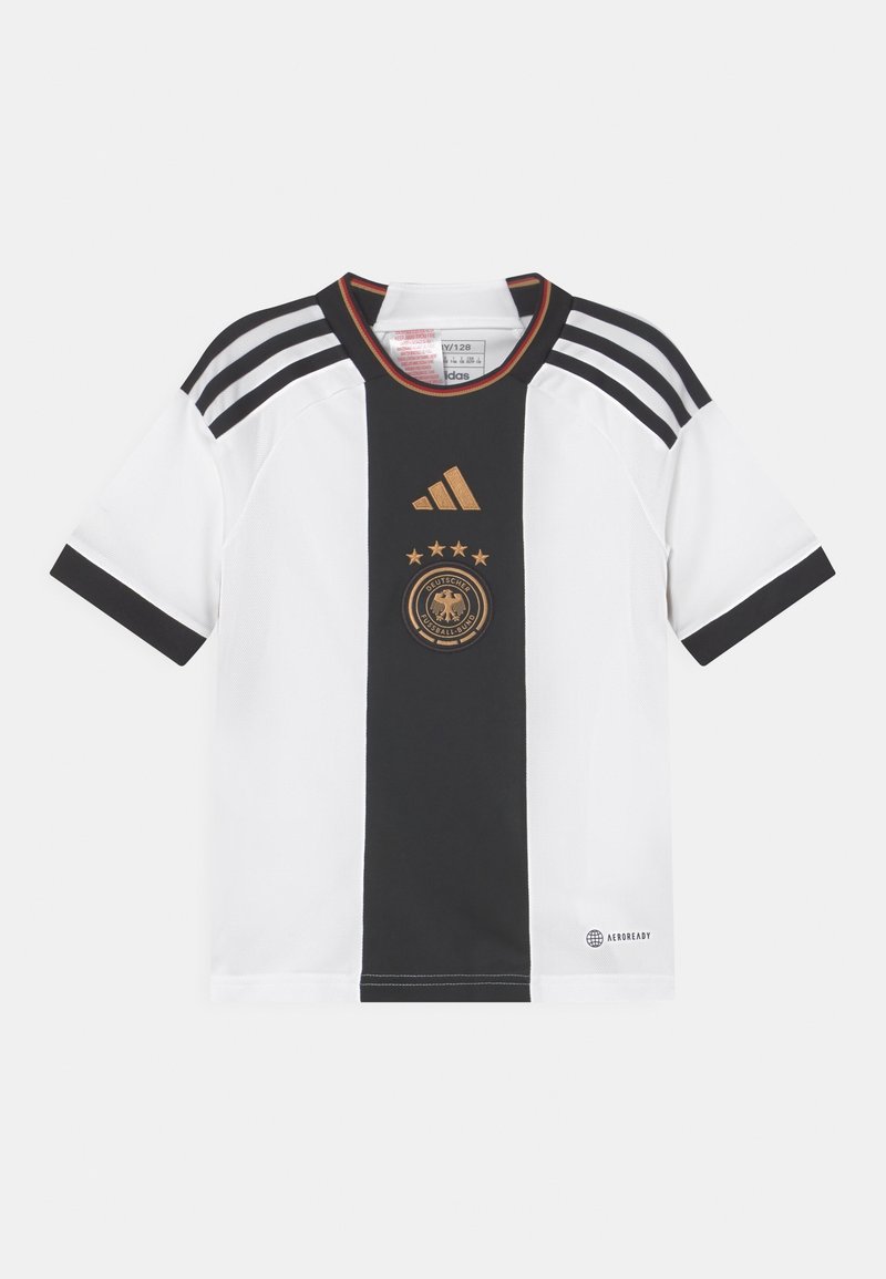 White and black soccer jersey with a round neck, three black stripes on shoulders, gold emblem, four stars, and "AEROREADY" label at the bottom.