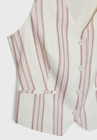 Gilet a righe realizzato in tessuto leggero. La combinazione di colori include righe bianche, rosa e marroni. Presenta quattro bottoni e due tasche frontali.