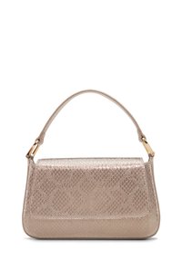 Metallic beige handbag with a textured snake skin pattern, a flat rectangular body, and a slim handle with gold-tone hardware accents.
