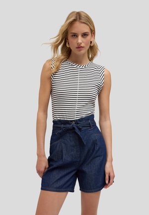 Striped sleeveless top paired with high-waisted dark blue denim shorts, featuring a tie belt and front pockets. Smooth texture and casual design.