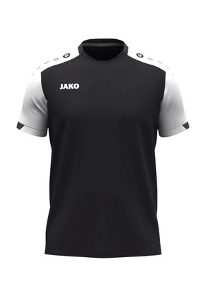 Zwarte sporttrui met korte witte mouwen, ronde halslijn en contrasterende details. Bevat het "JAKO" logo op de voorkant. Gemaakt van textuurstof.