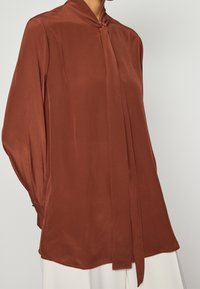 Blouse à manches longues en satin couleur rouille, dotée d'un col noué et d'une coupe décontractée. Texture lisse avec un léger éclat, manches longues complètes et poignets à boutons.