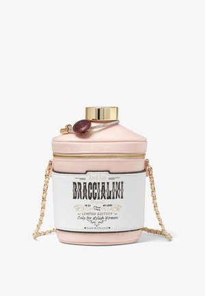 Pink and white Braccialini handbag with gold chain strap, round gold cap, zipper, and decorative seal on top.