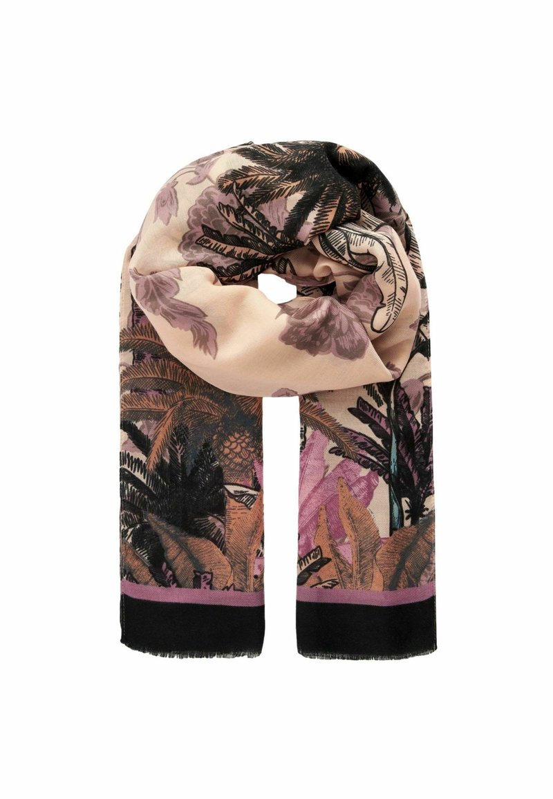 Écharpe en soie présentant un motif floral et feuillu dans des tons de rose, noir et crème, avec un accent de franges noires le long du bord inférieur.