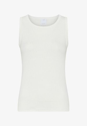 Biały prążkowany top na ramiączkach z okrągłym dekoltem i bez rękawów, wykonany z miękkiego, elastycznego materiału dla wygody i swobody ruchów.