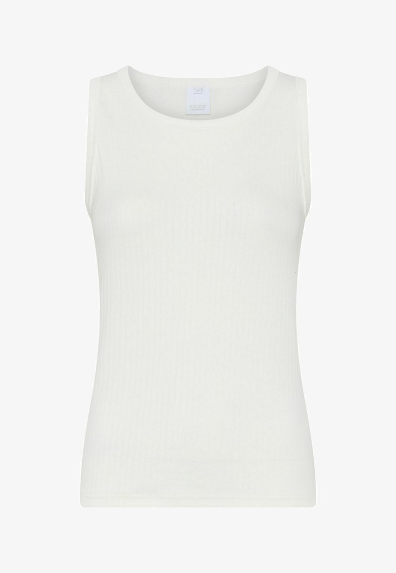 Witte geribde tanktop met een ronde halslijn en mouwloos ontwerp, gemaakt van een zachte, rekbare stof voor comfort en bewegingsgemak.