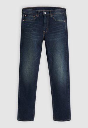 Dark blue denim jeans with slight fading on thighs, five-pocket design, and button-and-zipper closure, displayed flat on a gray background.