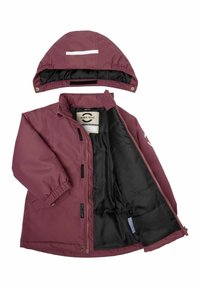 Giacca impermeabile color marrone con fodera nera, cappuccio incorporato, polsini elastici e dettagli a contrasto. Presenta chiusura frontale con zip e bottoni a pressione.