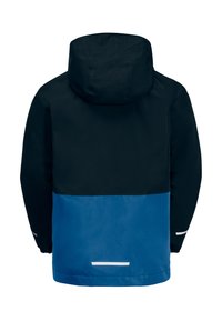 Water-resistant jacket with a black upper section and a blue lower section. Features a hood, reflective accents, and a smooth texture.