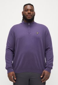 Purple knit pullover with a zip neckline and ribbed cuffs. Features a small yellow logo on the chest. Soft texture with a relaxed fit.