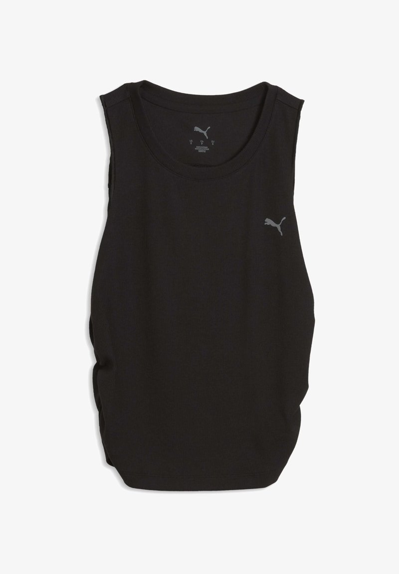 Débardeur noir sans manches en tissu côtelé. Présente un col rond et un logo gris sur le côté gauche de la poitrine. Texture lisse.