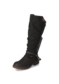 Botte en cuir noir à hauteur de genou avec un design décontracté, fermeture éclair sur le côté et accents décoratifs en clous. Semelle en caoutchouc pour traction et durabilité.