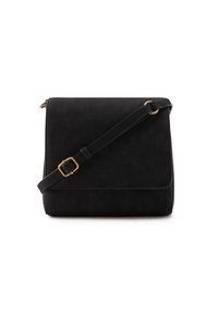 Schwarze Wildleder-Crossbody-Tasche mit umklappbarem Deckel, goldenen Beschlägen, verstellbarem Tragegurt und dezentem Logo-Präge auf der Vorderseite.