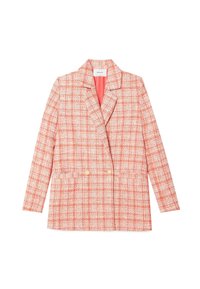 Blazer doppiopetto da donna in tartan leggero corallo e bianco, con colletto a crestina e due bottoni sulla parte anteriore.