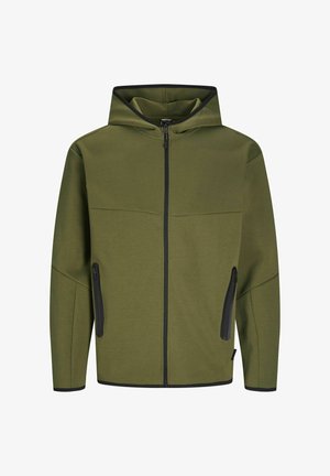 Olivegrüne Kapuzenjacke aus weichem Material mit einem vorderen Reißverschluss und zwei seitlichen Taschen, ausgestattet mit schwarzen Reißverschlussakzenten und -besätzen.