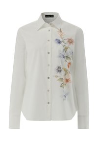 White long-sleeve shirt with a floral print in soft pink, purple, and green. Features a classic collar and front button closure.