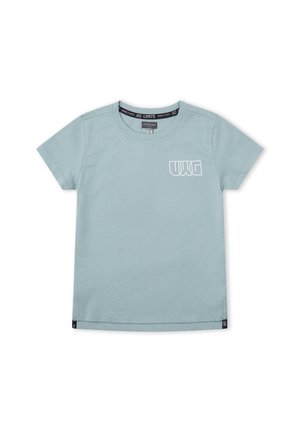 Camiseta de manga corta color azul claro con cuello redondo, logo blanco "UWG" en el lado izquierdo del pecho y ribete interior del cuello negro con el texto "MAKE IT WITH NO LIMITS."
