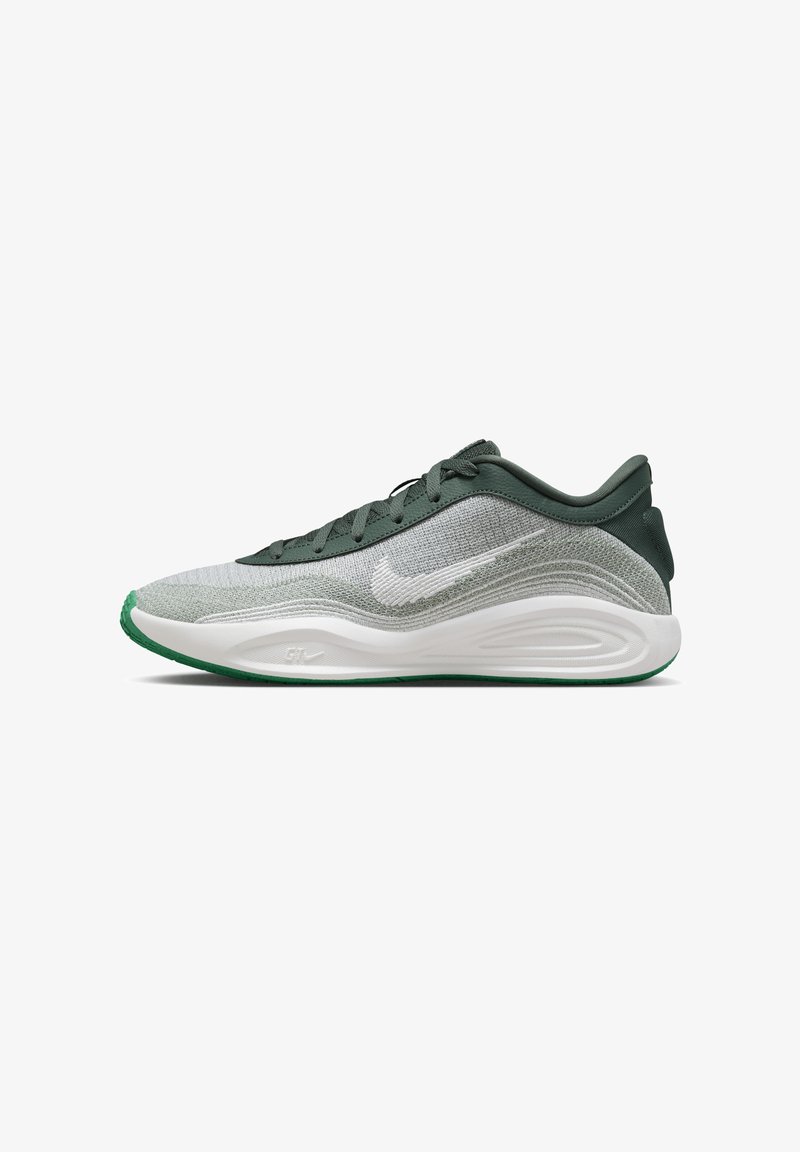 Athletic sneakers with a mixed gray and green knit upper, white midsole, and green rubber outsole. Includes a white logo on the side.