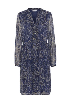 Long-sleeve, navy blue dress with a swirling beige pattern, ruffled front placket, and button closure. Lightweight, sheer fabric with a relaxed fit.
