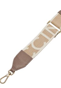 Cintura in tela beige con accenti a motivo nocciola, dotata di un pezzo finale in pelle e una clip in metallo dorato per il fissaggio.
