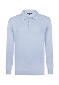 Jasnoniebieska, długorękawowa koszulka polo wykonana z miękkiego materiału. Posiada klasyczny kołnierzyk i zapięcie na trzy guziki, a także ściągacze przy mankietach i u dołu.
