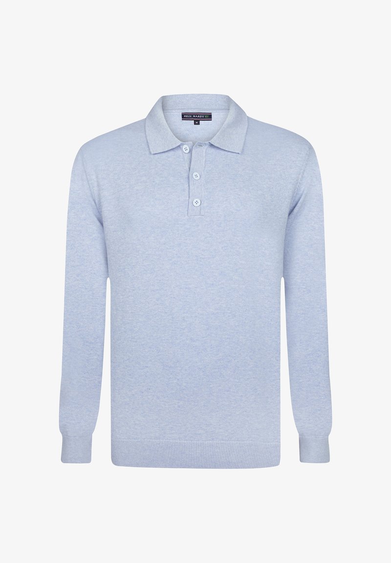 Helles blaues Langarm-Polohemd aus weichem Stoff. Verfügt über einen klassischen Kragen und eine Drei-Knopf-Leiste, mit gerippten Manschetten und Saum.