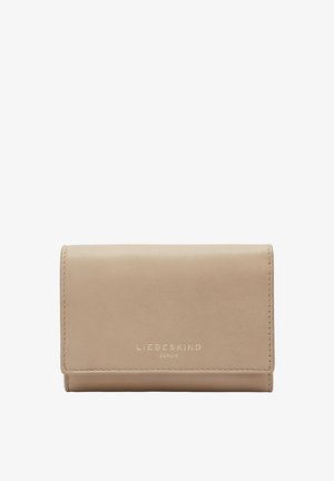 Tan leather wallet with a smooth texture, fold-over design, and gold embossed branding. Features clean lines and minimal hardware.