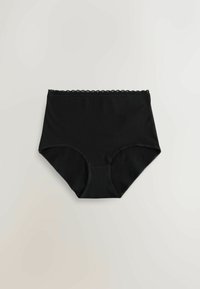 Augsta vidukļa melnas apakšbikses no mīksta auduma ar viļņotu mežģīņu apdari vidukļa joslā un gludām malām. Redzamu rakstu nav.