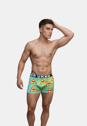 Boxer briefs da uomo con un elastico nero in vita riportante la scritta "MR UKKO". Colore di base verde con segnali di avviso gialli che raffigurano un motivo a cavallo.