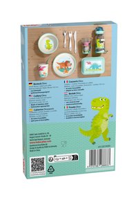 Kindvriendelijke dinosaurusthema bestekset met roestvrijstalen utensil, kleurrijke borden en een doorzichtige beker, voorzien van speelse ontwerpen.