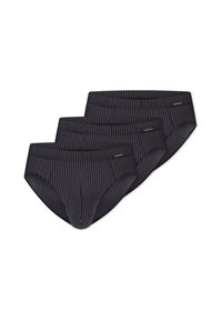Tre paia di slip neri con righe verticali bianche, elastico in vita e una texture liscia. Progettati per comfort e vestibilità.