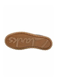 Rubber shoe sole with a wavy pattern, featuring a prominent logo in the center. The color is a light tan with textured grooves for grip.