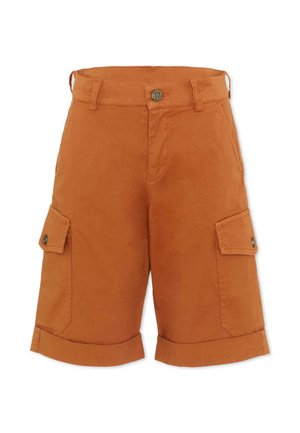 Bawełniane szorty cargo w kolorze rdzawego pomarańczu, z kieszeniami na patki zapinanymi na guziki, podwiniętymi brzegami, szlufkami na pasek i zapinaniem na guziki z przodu.