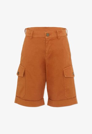 Rustoranje katoenen cargoshorts met knoopsluitbare klepzakken, opgerolde zomen, riemlussen en een knoopsluiting aan de voorkant.