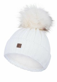 White knitted beanie with a fluffy white pom-pom, brown leather logo patch, and soft inner lining. Features ribbed texture and lace trim.
