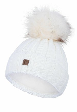 White knitted beanie with a fluffy white pom-pom, brown leather logo patch, and soft inner lining. Features ribbed texture and lace trim.
