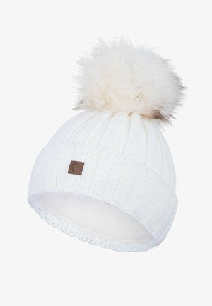 White knitted beanie with a fluffy white pom-pom, brown leather logo patch, and soft inner lining. Features ribbed texture and lace trim.