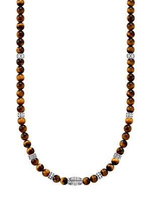 Tigerauge-Perlenkette mit abwechselnden silbernen dekorativen Zwischenperlen und einer zentralen größeren Silberperle mit gravierten Mustern.