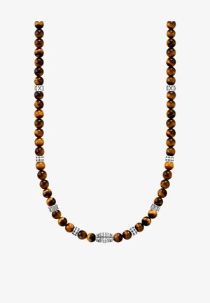 Tigerauge-Perlenkette mit abwechselnden silbernen dekorativen Zwischenperlen und einer zentralen größeren Silberperle mit gravierten Mustern.
