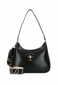 Borsa nera in pelle liscia, con logo ricamato in oro e tracolla a contrasto con il nome del marchio in crema e nero.