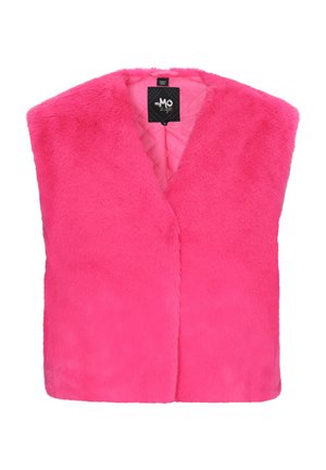 Faux-Fur-Weste in leuchtendem Pink, ärmelloses Design mit V-Ausschnitt, verstepptem Futter und ohne Verschlüsse. Durchgehend glatte Textur.