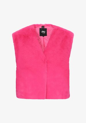 Chaleco de piel sintética en rosa brillante, diseño sin mangas, con escote en V, forrado de acolchado y sin cierres. Textura suave en toda la prenda.