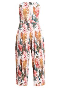 Combinaison bustier à motif floral avec des fleurs roses et des feuilles vertes, en tissu léger et coupée au niveau des mollets.