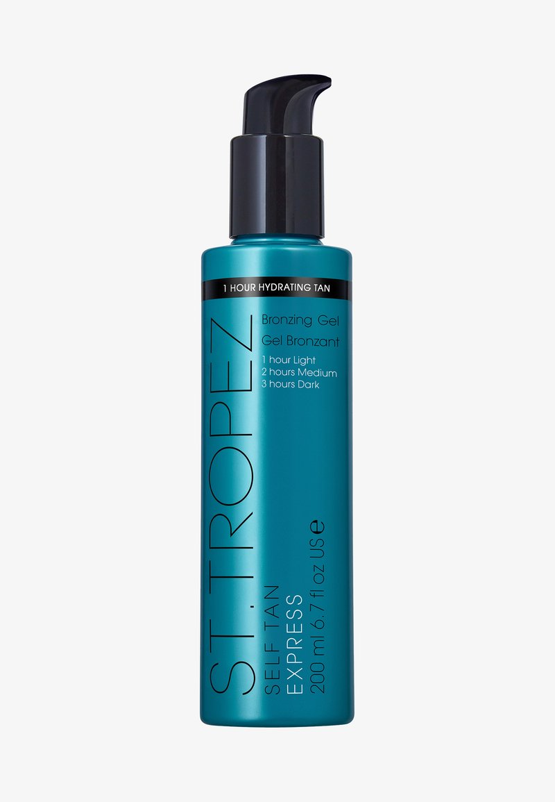 Gel abbronzante in un flacone a pompa turchese. Presenta accenti neri, con testo che indica i tempi di utilizzo per risultati chiari, medi e scuri. 200 ml.