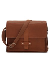 Borsa a tracolla in pelle marrone con chiusura a pattina, tracolla in tessuto e un dettaglio con fascia frontale e chiusura a scatto in metallo. Texture liscia.