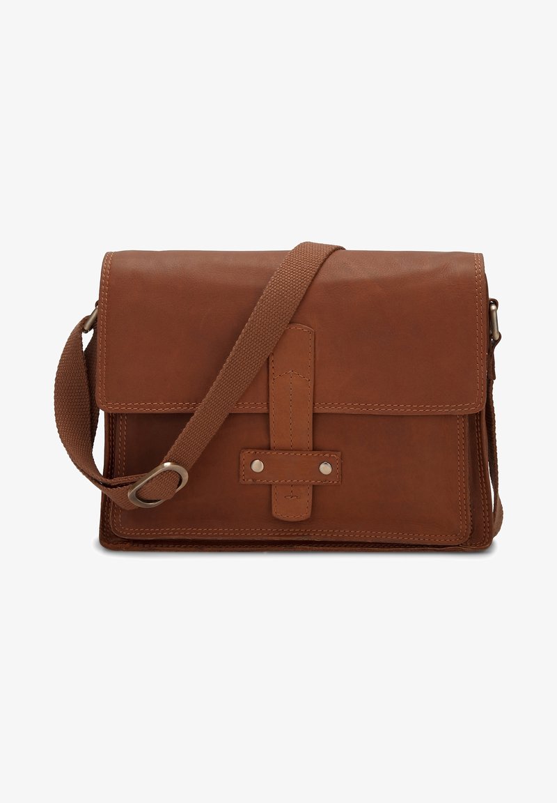 Borsa a tracolla in pelle marrone con chiusura a pattina, tracolla in tessuto e un dettaglio con fascia frontale e chiusura a scatto in metallo. Texture liscia.