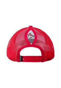 Gorra de béisbol roja con malla trasera y correa de plástico ajustable; presenta un gráfico de Minnie Mouse en el centro. Interior de tela suave.
